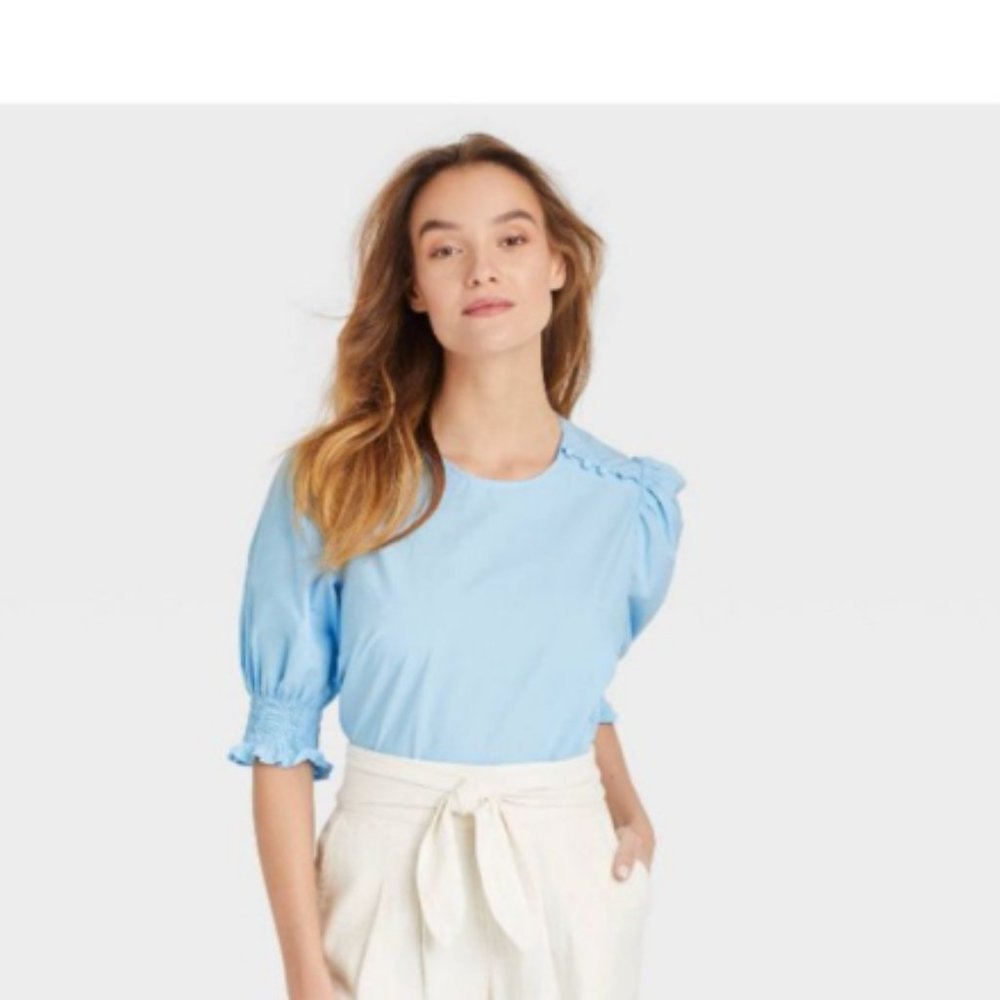 Who What Wear - Denim Blue Elbow Puff Sleeve Blouse XL